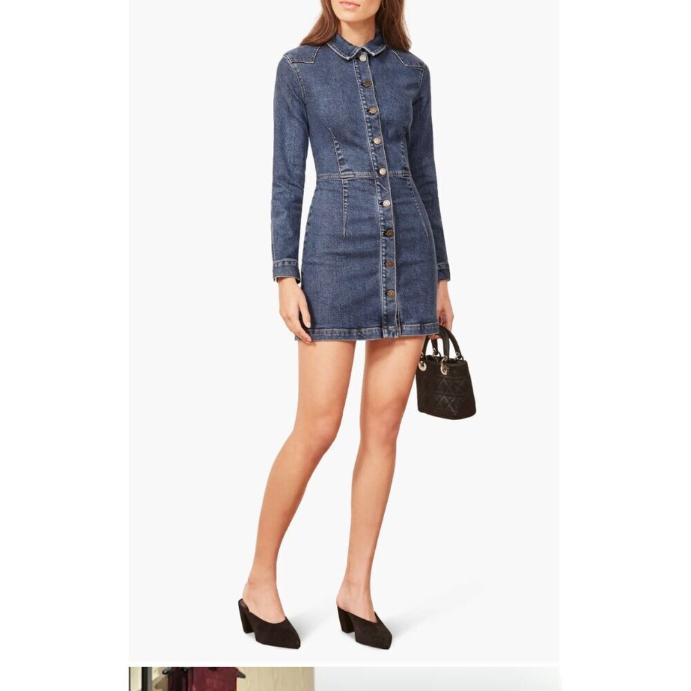 Reformation Arizona Denim Mini Dress Medium Wash Longsleeve Size 8 - Picture 2 of 8